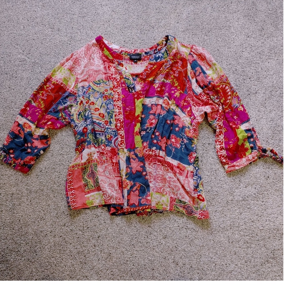 Boho Jones & Co Jones New York 1X Patchwork Floral Rayon Blouse 3/4 Tie Sleeve